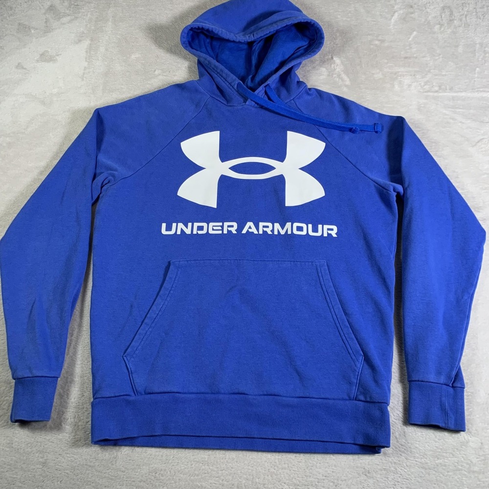 Under Armour Hoodie Mens Small Blue Big Logo Pullover Fleece‎ Sweatshirt Loose
